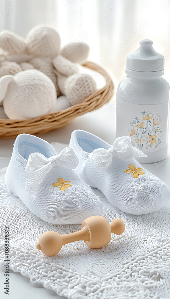 Baby shoes and accessories nursery product display cozy home environment close-up newborn essentials Baby shoes and accessories nursery product display cozy home environment close-up newborn essentials