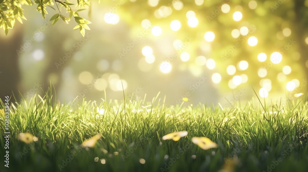 Fototapeta premium Lush grassy floor under soft sunlight with a dreamy bokeh effect, creating a serene summer backdrop filled with gentle warmth and vibrant colors.