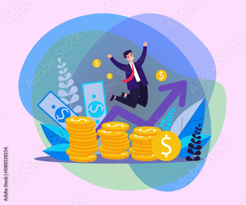 Happy banker jumping over coins flat vector illustration. Cartoon rich businessman celebrating finance growth. Market and income chart concept