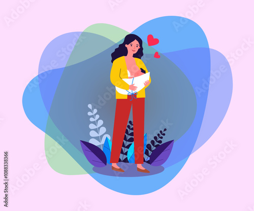 Happy cartoon mom breastfeeding baby flat vector illustration. Young mother giving milk to infant. Natural feeding via breast. Healthy nutrition, motherhood and parenting concept