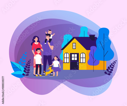 Happy family couple with kids and pet standing together outside, in front of their house. Vector illustration for home, real estate, residential area concept