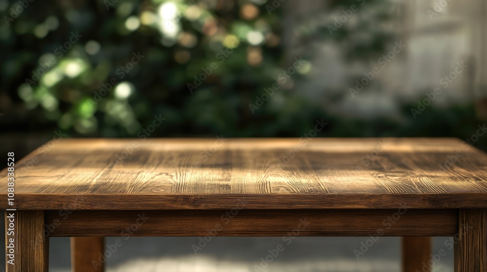 Fototapeta premium Wooden table foreground with a softly blurred background of lush greenery, creating a serene and inviting atmosphere.