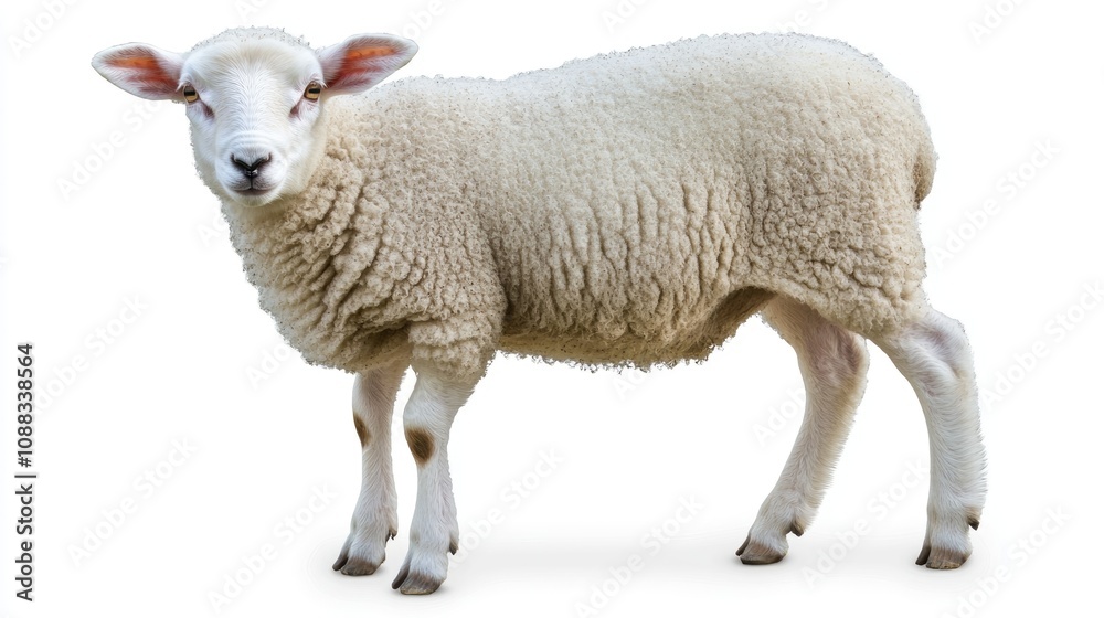 Fototapeta premium Young, fluffy white sheep standing in profile, looking inquisitively at the camera with a smooth coat, ideal for representing Eid ul Adha themes.