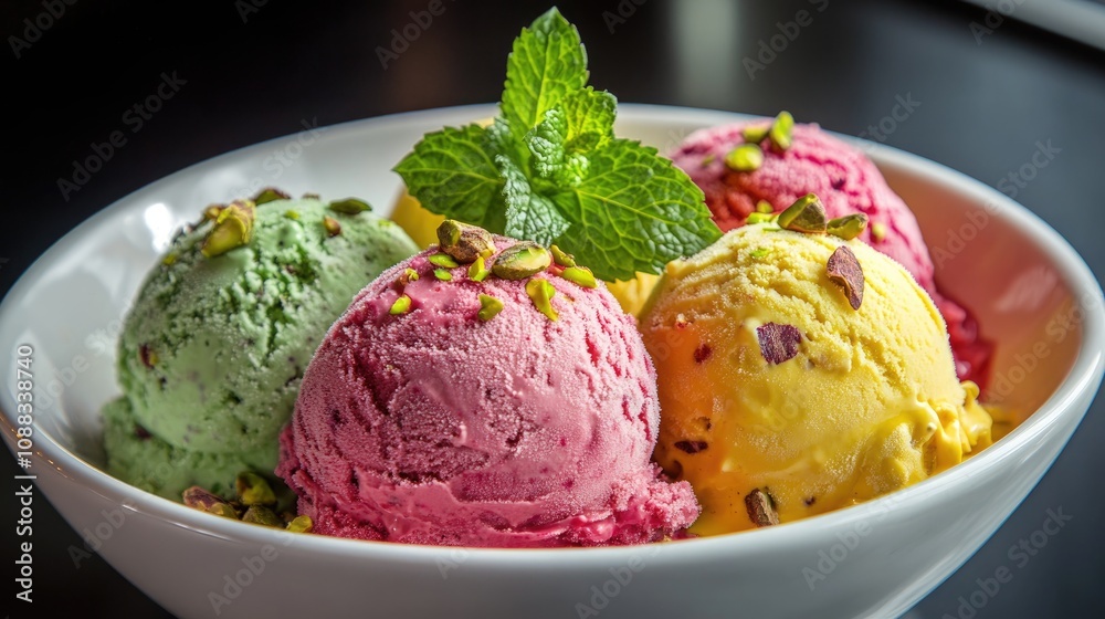 Colorful ice cream scoops in a white bowl featuring vibrant green, pink, and yellow flavors, garnished with crushed pistachio nuts and fresh mint leaves for a refreshing summer treat. Colorful ice cream scoops in a white bowl featuring vibrant green, pink, and yellow flavors, garnished with crushed pistachio nuts and fresh mint leaves for a refreshing summer treat.
