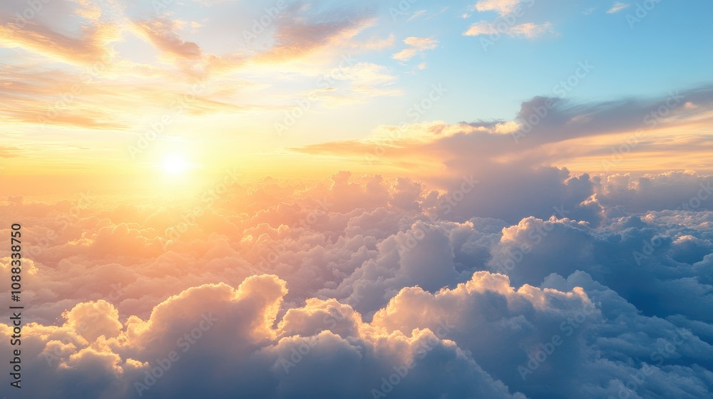 Vibrant sunrise over a sea of fluffy clouds, showcasing a stunning blue sky with soft golden and pink hues illuminating the horizon. Vibrant sunrise over a sea of fluffy clouds, showcasing a stunning blue sky with soft golden and pink hues illuminating the horizon.
