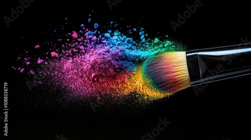 Vibrant makeup brush releasing a colorful explosion of powder in shades of pink, blue, green, and yellow against a dark background photo