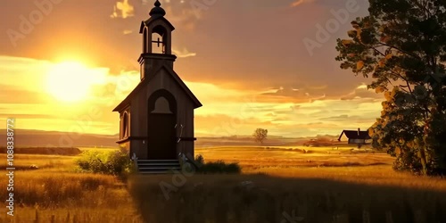 A sleepy village chapel with a weathered bell tower, chiming softly as the sun rises over the horizon, 4K Video