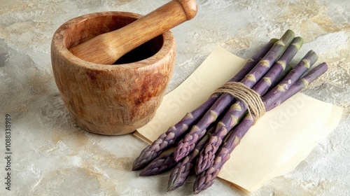 Freshly harvested organic purple asparagus tied with twine beside a wooden mortar and rustic paper on a light grey stone background