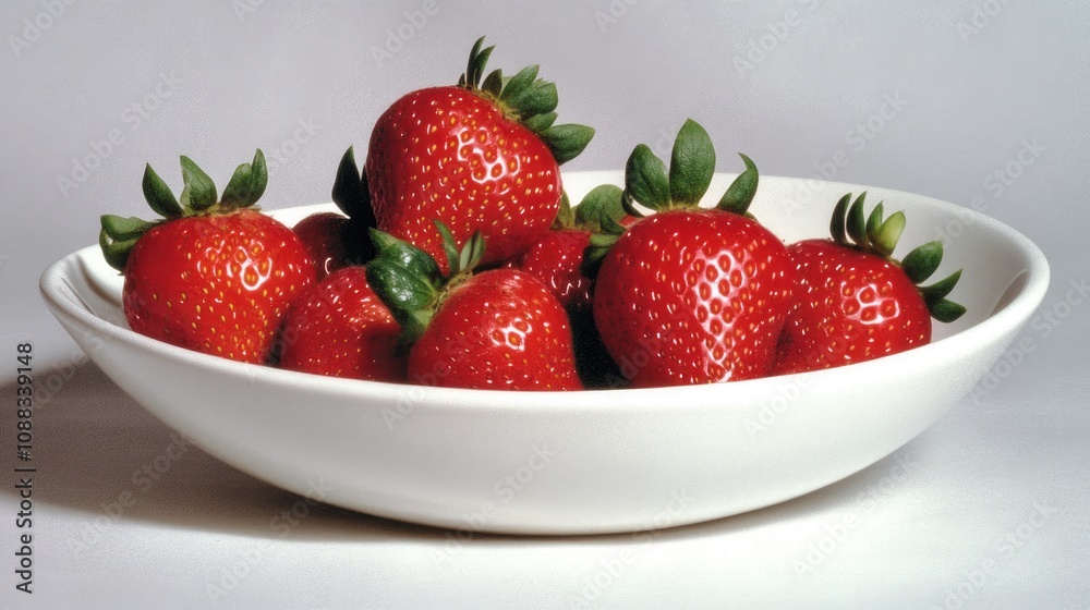 Fresh, vibrant strawberries piled in a pristine white bowl against a soft, neutral backdrop showcasing their rich red color and lush green tops. Fresh, vibrant strawberries piled in a pristine white bowl against a soft, neutral backdrop showcasing their rich red color and lush green tops.