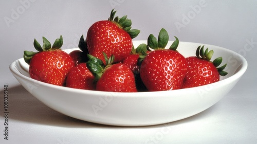 Fresh, vibrant strawberries piled in a pristine white bowl against a soft, neutral backdrop showcasing their rich red color and lush green tops.