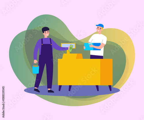 Male customer buying construction tools in store. Man standing at cash register counter and paying cash. Vector illustration for hardware construction shop, building worker, home repair concept