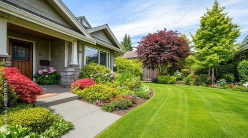 Lush manicured lawn adorned with colorful flowerbeds, vibrant deciduous shrubs, and neatly trimmed grass in a beautifully landscaped outdoor setting.