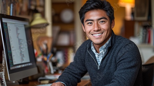 a smiling ethnically ambiguous male website coder (30 years old), wearing business casual clothing, working at a desktop computer, with coding on the screen, in a home office 