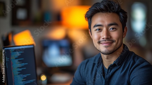 a smiling ethnically ambiguous male website coder (30 years old), wearing business casual clothing, working at a desktop computer, with coding on the screen, in a home office 