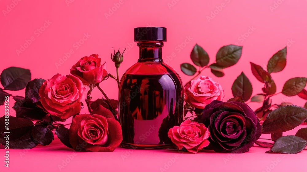 Rose oil bottle surrounded by vibrant rosebuds and lush green leaves on a soft pink background, highlighting elegance and natural beauty. Rose oil bottle surrounded by vibrant rosebuds and lush green leaves on a soft pink background, highlighting elegance and natural beauty.