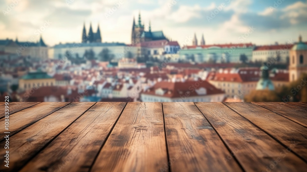 Wooden tabletop in sharp focus with a softly blurred classic cityscape in the background, ideal for product showcases and promotional images. Wooden tabletop in sharp focus with a softly blurred classic cityscape in the background, ideal for product showcases and promotional images.