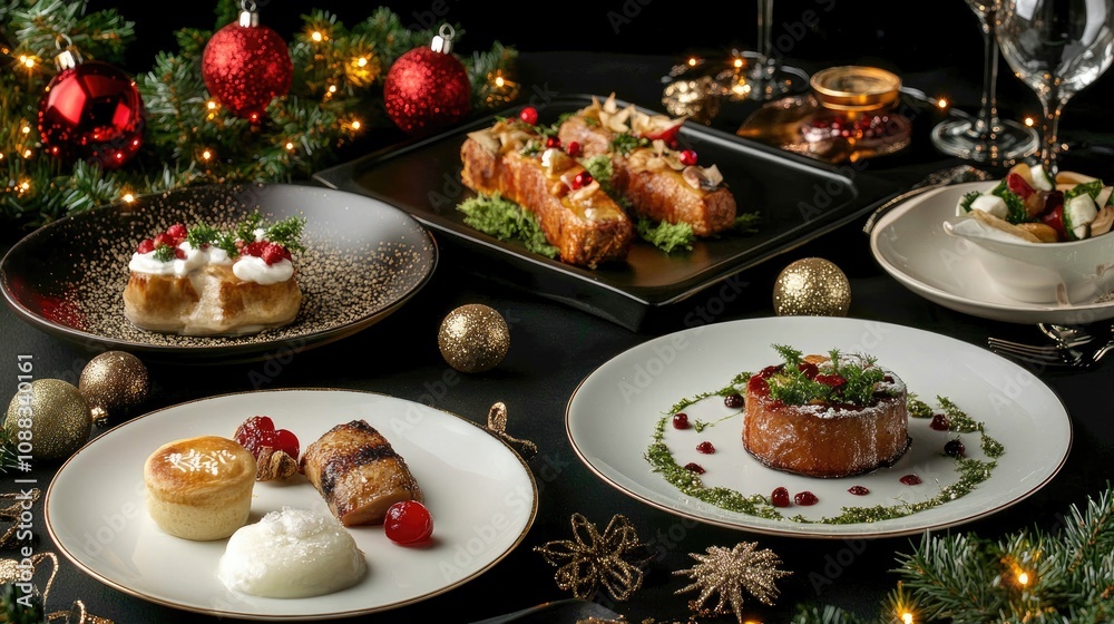 Elegant festive table setting adorned with seasonal decorations, showcasing a variety of gourmet dishes perfect for Christmas and New Year celebrations. Elegant festive table setting adorned with seasonal decorations, showcasing a variety of gourmet dishes perfect for Christmas and New Year celebrations.