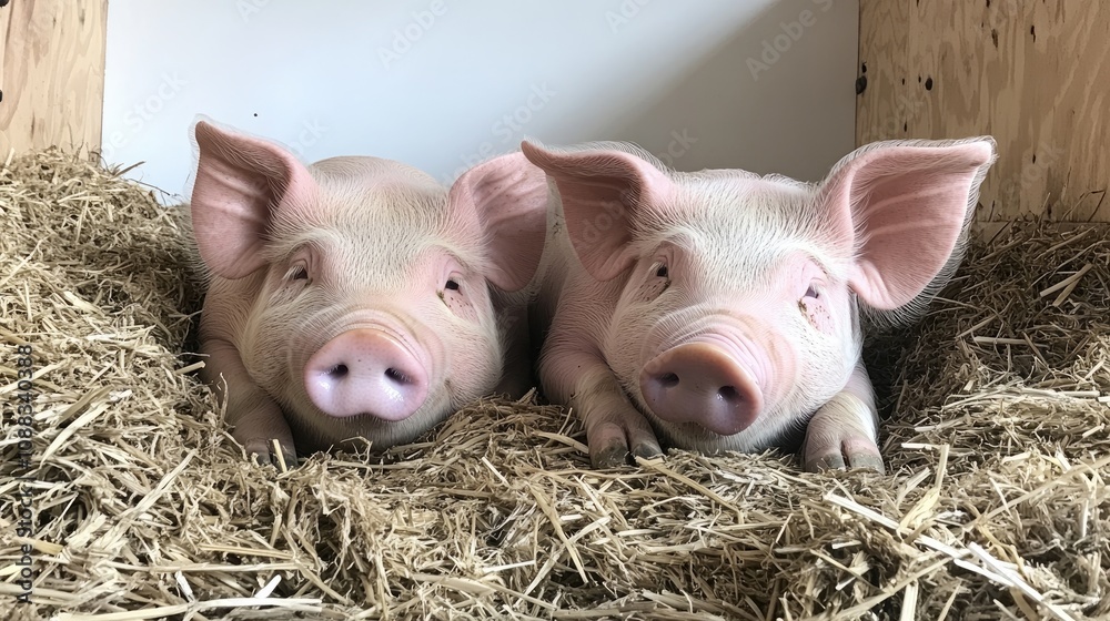 Two adorable chubby pink pigs relaxing on a soft bed of hay and straw in a cozy breeding facility setting. Two adorable chubby pink pigs relaxing on a soft bed of hay and straw in a cozy breeding facility setting.