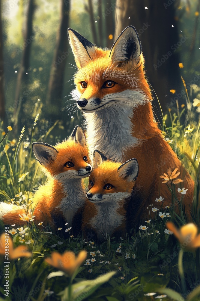 Obraz premium Adorable Fox Family in Sunlit Forest Clearing Surrounded by Wildflowers and Lush Greenery