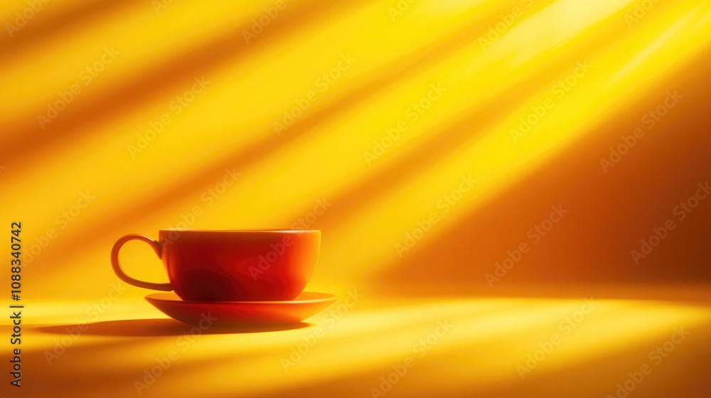 Bright red teacup with saucer bathed in soft yellow light creating a warm, inviting atmosphere against a gentle sunlit backdrop