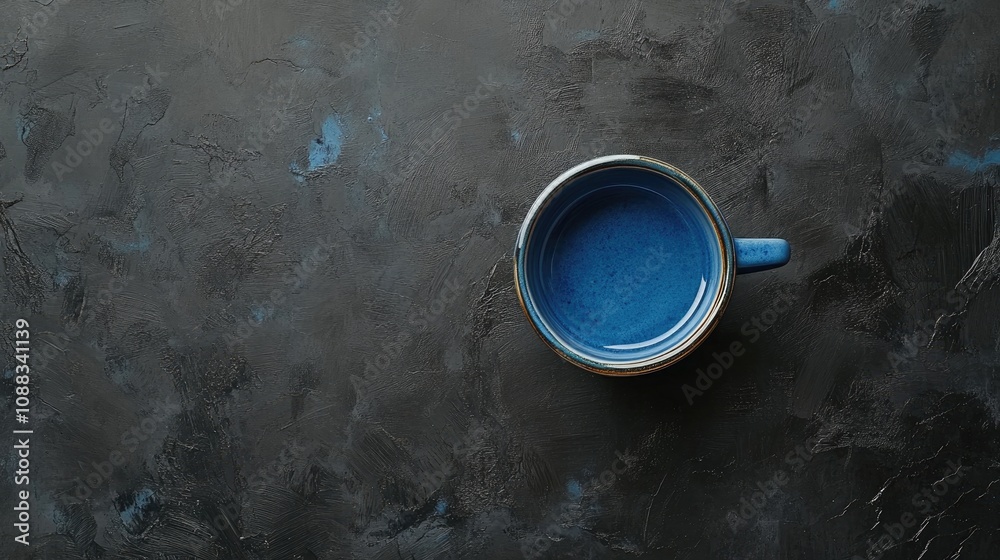 Blue coffee cup on textured black surface with empty space, showcasing a minimalist top view design ideal for layouts or advertisements. Blue coffee cup on textured black surface with empty space, showcasing a minimalist top view design ideal for layouts or advertisements.