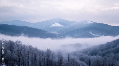 Snowy mountain landscape enveloped in mist with dense fog rolling through the valleys and bare trees in the foreground, creating a serene atmosphere.