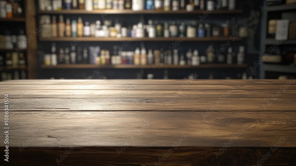 Wooden pharmacy table with a spacious display area, surrounded by shelves filled with assorted medicines and pharmaceutical products. Wooden pharmacy table with a spacious display area, surrounded by shelves filled with assorted medicines and pharmaceutical products.