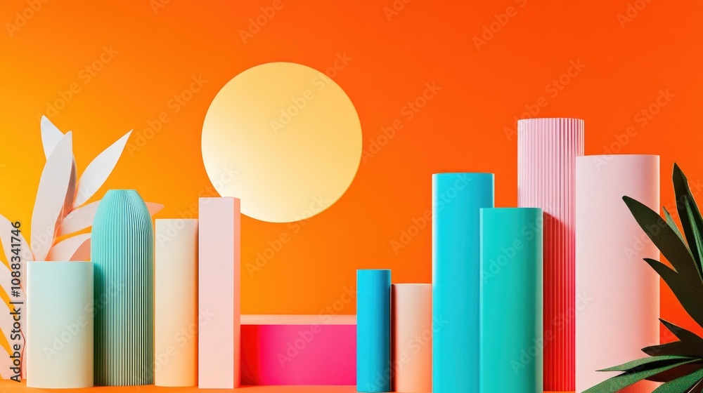 Vibrant Display of Varied Colored Books in Geometric Shapes Set Against a Bright Orange Background with a Large Sun and Tropical Leaves Vibrant Display of Varied Colored Books in Geometric Shapes Set Against a Bright Orange Background with a Large Sun and Tropical Leaves