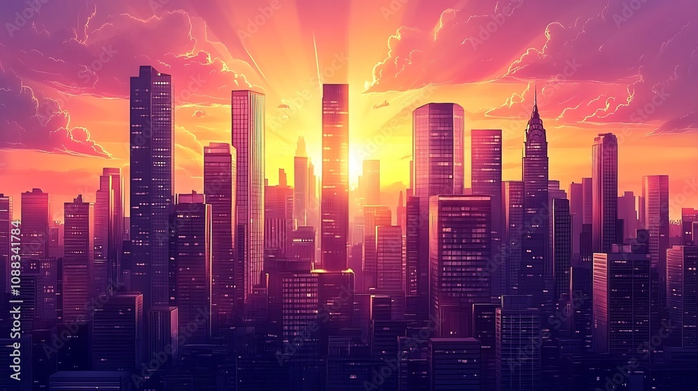 Vibrant Cityscape at Dramatic Sunset with Towering Skyscrapers and Glowing Lights Vibrant Cityscape at Dramatic Sunset with Towering Skyscrapers and Glowing Lights