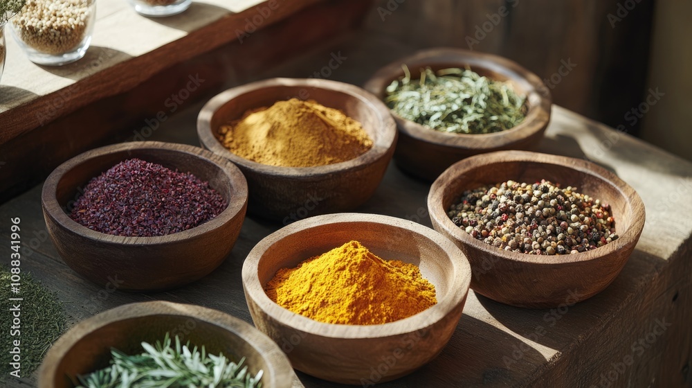 A vibrant collection of spices and herbs displayed in rustic wooden bowls, showcasing a variety of textures and colors perfect for enhancing culinary creativity and flavor. A vibrant collection of spices and herbs displayed in rustic wooden bowls, showcasing a variety of textures and colors perfect for enhancing culinary creativity and flavor.