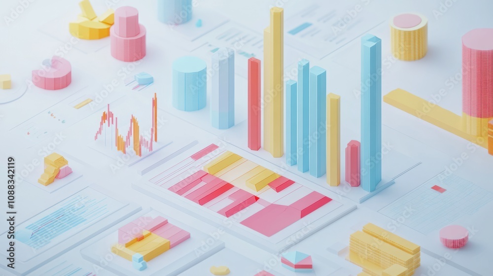 Abstract data visualization with colorful charts and graphs representing statistical information. Abstract data visualization with colorful charts and graphs representing statistical information.