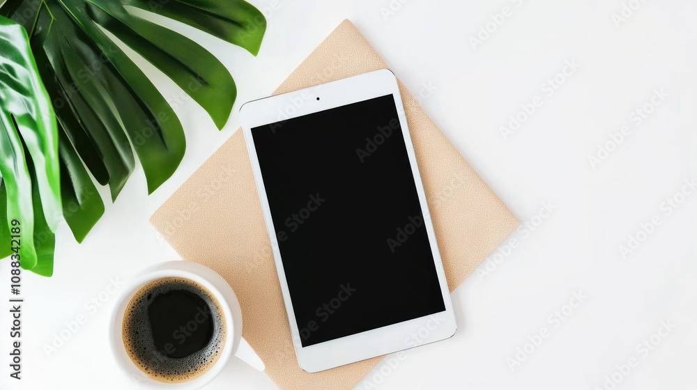 Modern tablet device with a blank screen on a beige surface, accompanied by a coffee cup and tropical green leaves, creating a fresh workspace aesthetic. Modern tablet device with a blank screen on a beige surface, accompanied by a coffee cup and tropical green leaves, creating a fresh workspace aesthetic.