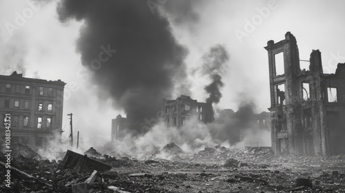 Desolation of War: Thick smoke billows from charred ruins of bombed buildings, shrouding the devastation in a haunting atmosphere of destruction. photo