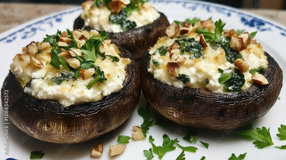 Stuffed portobello mushrooms filled with creamy ricotta, sautéed spinach, and crunchy nuts, garnished with fresh parsley on a decorative plate. Stuffed portobello mushrooms filled with creamy ricotta, sautéed spinach, and crunchy nuts, garnished with fresh parsley on a decorative plate.