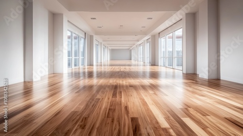 Spacious interior with bright white walls and polished wooden flooring, showcasing large windows that invite abundant natural light.