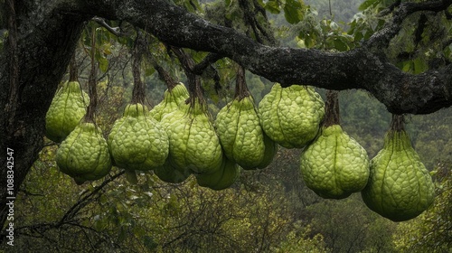 Chayote fruits, also known as Sechium edule, densely hanging from a tree branch amidst a lush green forest backdrop, showcasing their distinctive bumpy texture. photo