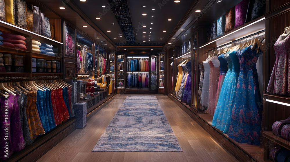 3D Illustration of a Walk-in Closet with Hangers and Dresses 3D Illustration of a Walk-in Closet with Hangers and Dresses