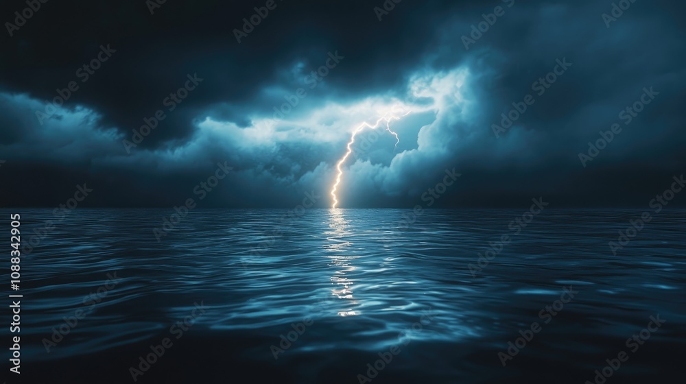 Lightning bolt illuminating a serene water surface during a storm, showcasing a striking contrast between nature's fury and tranquil beauty. Lightning bolt illuminating a serene water surface during a storm, showcasing a striking contrast between nature's fury and tranquil beauty.