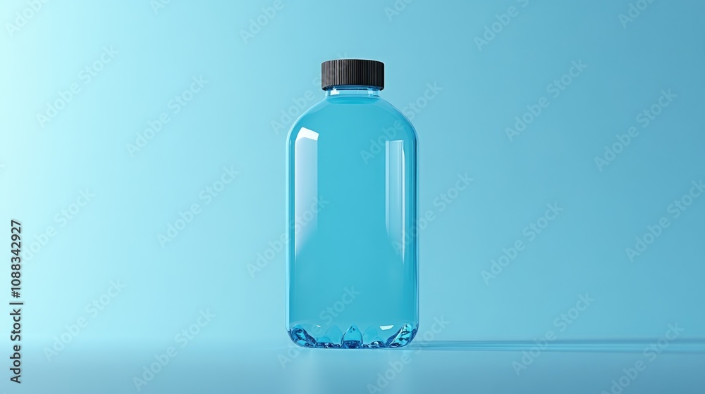 Transparent water bottle filled with blue liquid against a minimalistic light blue background, featuring a sleek brown cap highlighting its modern design.