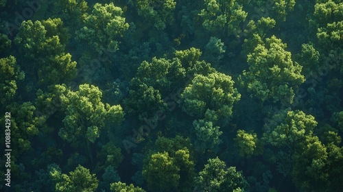 Aerial view of dense green foliage highlighting a thriving forest ecosystem, showcasing a rich variety of tree canopies and a vibrant, healthy landscape from above.