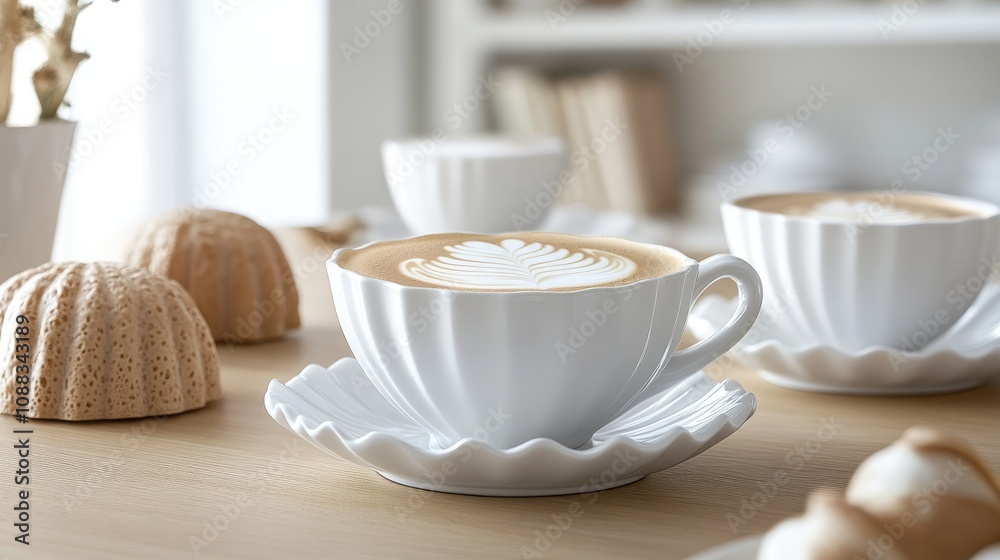 Elegant white coffee cups with intricate latte art on scalloped saucers, beautifully arranged in a cozy dining setting with baked goods. Elegant white coffee cups with intricate latte art on scalloped saucers, beautifully arranged in a cozy dining setting with baked goods.