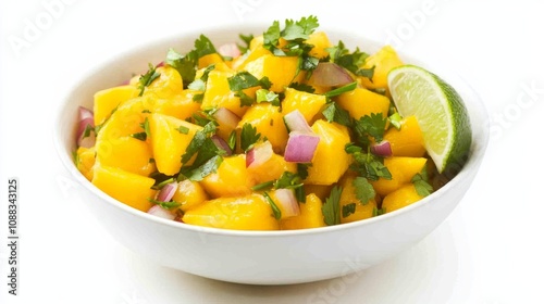 A bowl of tangy mango salsa with diced mango, red onion, cilantro