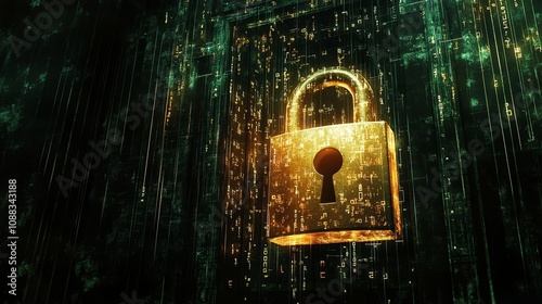 Glowing unlocked padlock icon in digital code background, symbolizing cybersecurity breach photo