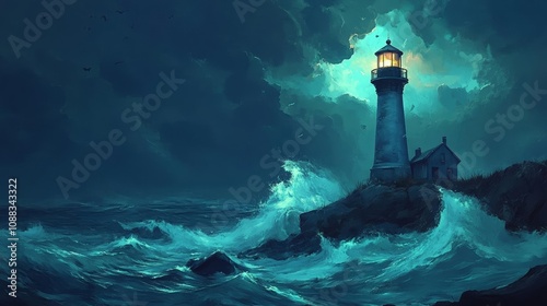 Illuminated lighthouse with stormy background, crashing waves, symbolizing protection and steadfastness