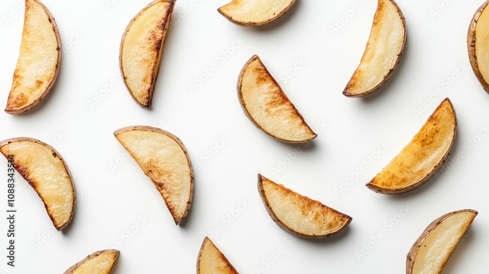 Golden-brown potato wedges perfectly arranged on a clean white background, showcasing their crispy texture and inviting shape. Golden-brown potato wedges perfectly arranged on a clean white background, showcasing their crispy texture and inviting shape.