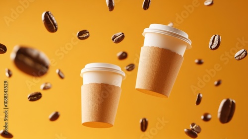 Wallpaper Mural Coffee cups and floating coffee beans against a warm orange background, creating a refreshing morning vibe that inspires energy and motivation. Torontodigital.ca