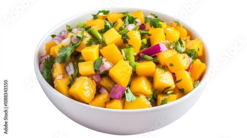 A bowl of tangy mango salsa with diced mango, red onion, jalapeño