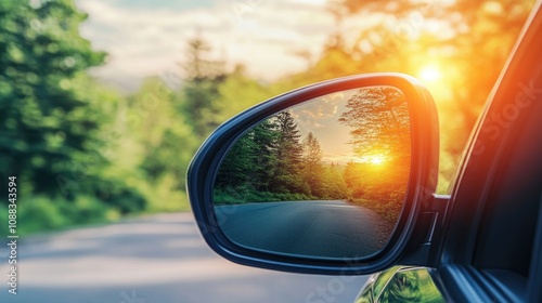 Vibrant sunset glow captured in a car's side mirror, reflecting lush trees lining a tranquil road. Warm light creates a serene, picturesque scene.