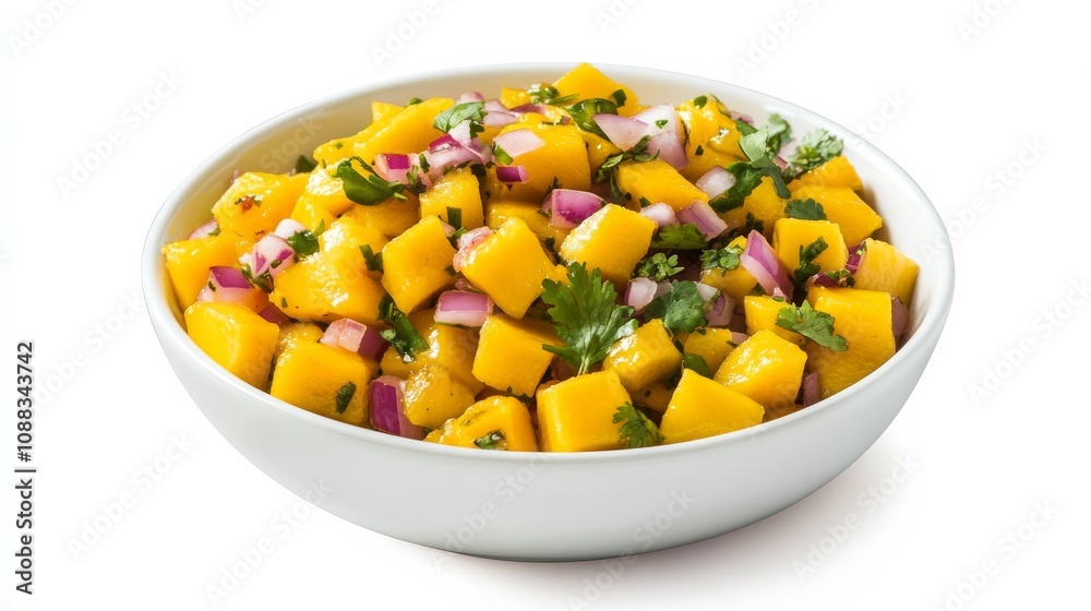 A bowl of tangy mango salsa with diced mango, red onion, jalapeño