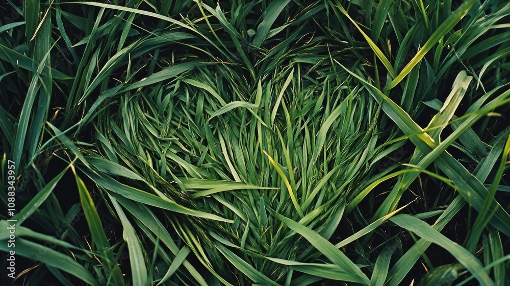 Fototapeta premium Heart shape created by neatly arranged blades of grass surrounded by vibrant greenery, symbolizing peace and connection with nature.
